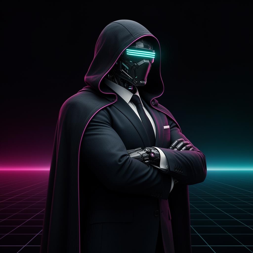 Hooded cyborg executive — visual mark for msawox